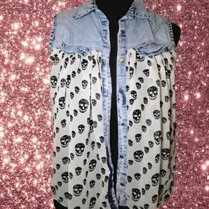 Skull Print Chiffon Denim accent Blouse